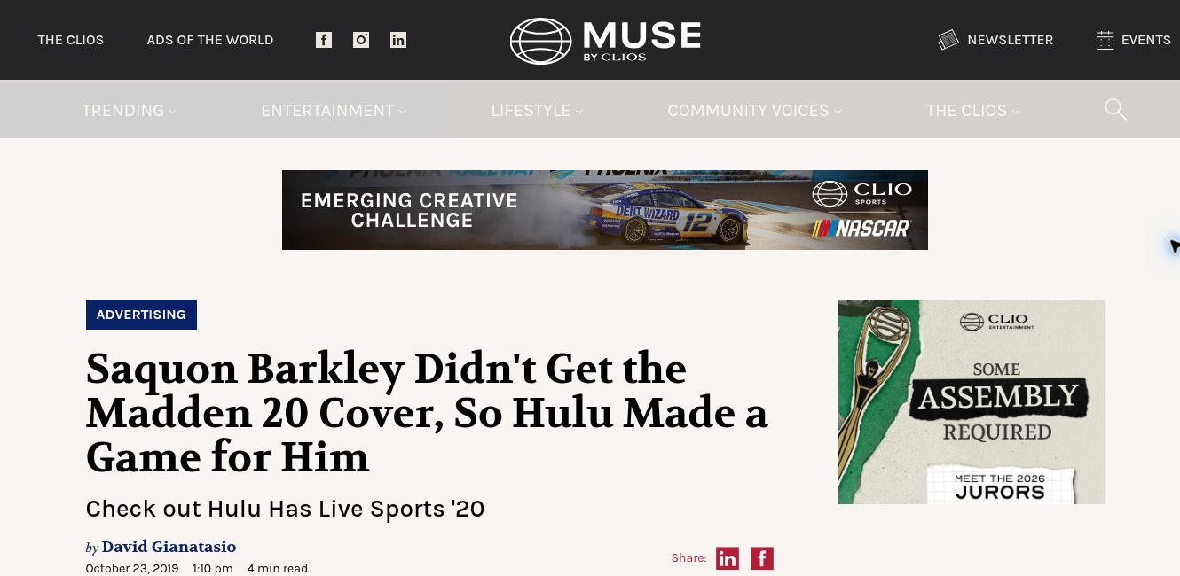 Muse by Clio article about Hulu making a game for Saquon Barkley