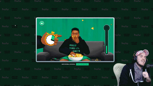 Twitch streamer reacting beside the Hulu Has Live Sports ’20 game screen