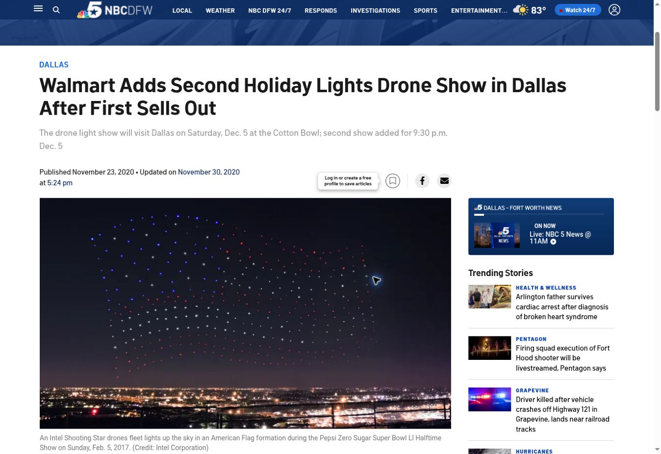 NBC Dallas: Walmart Adds Second Holiday Lights Drone Show in Dallas After First Sells Out